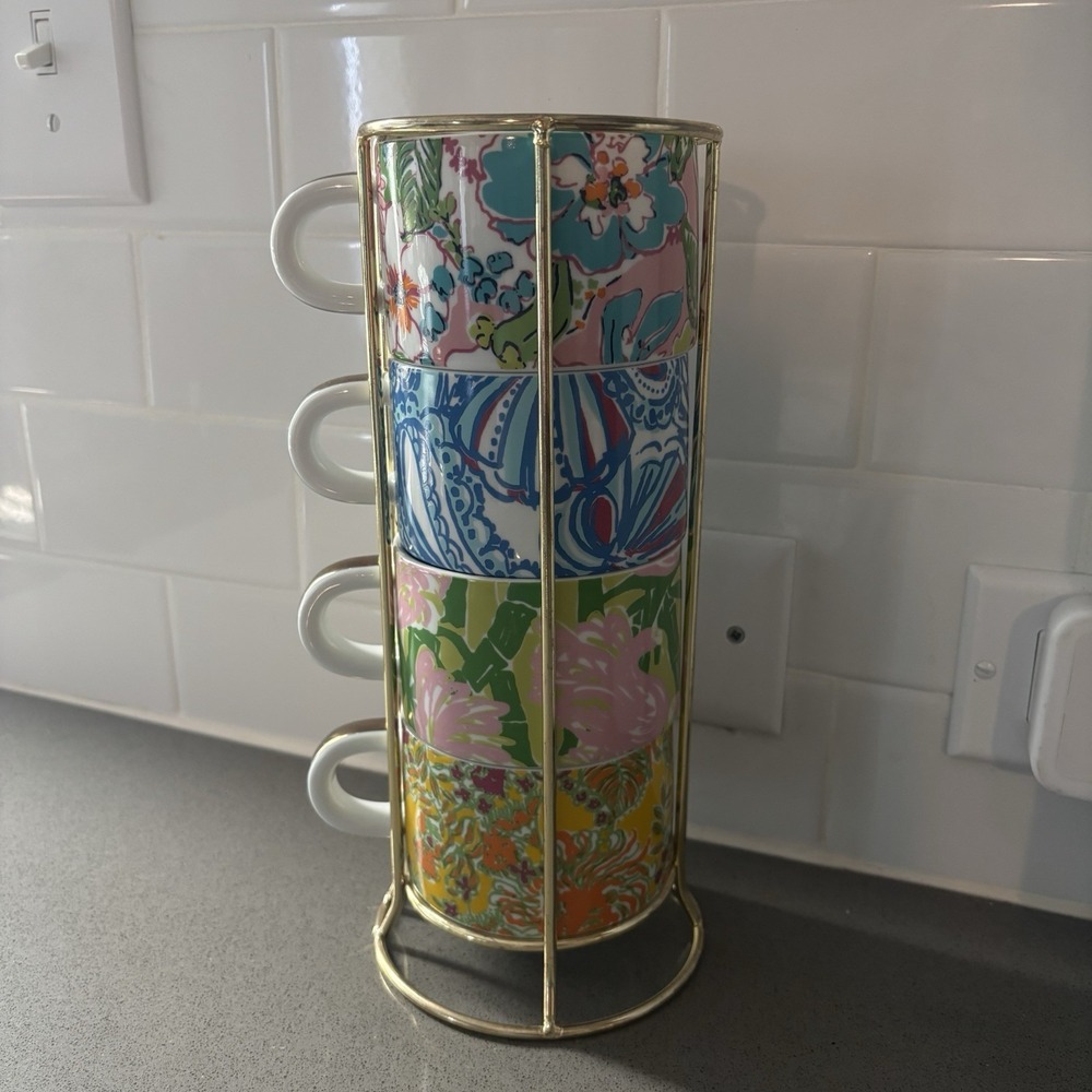 Lilly Pulitzer Set 4 Stackable Mugs Coffee Tea Espresso
